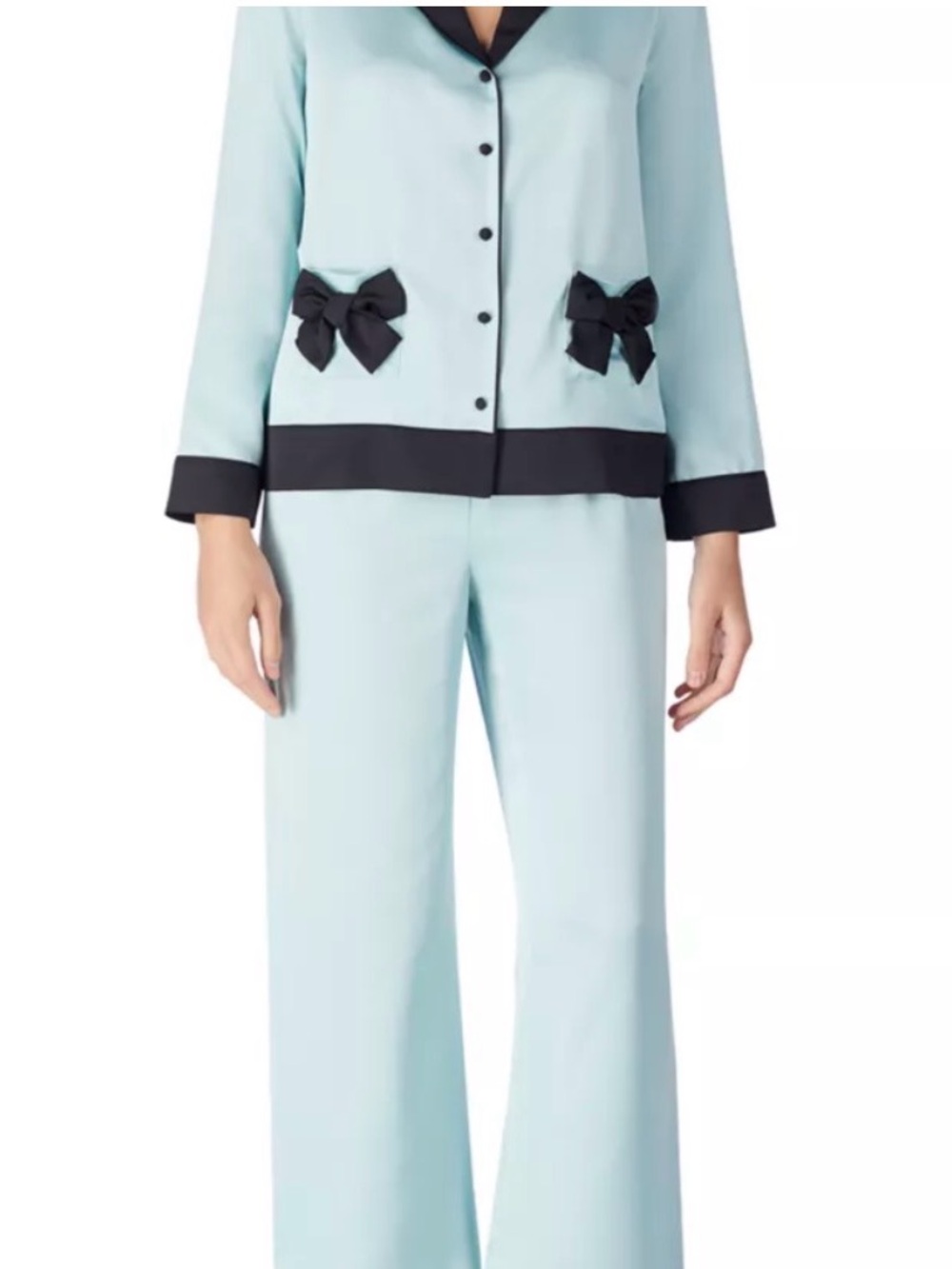 Kate Spade New York 2-Piece Charmeuse Bow Pocket Pajama Set Medium Blue Black